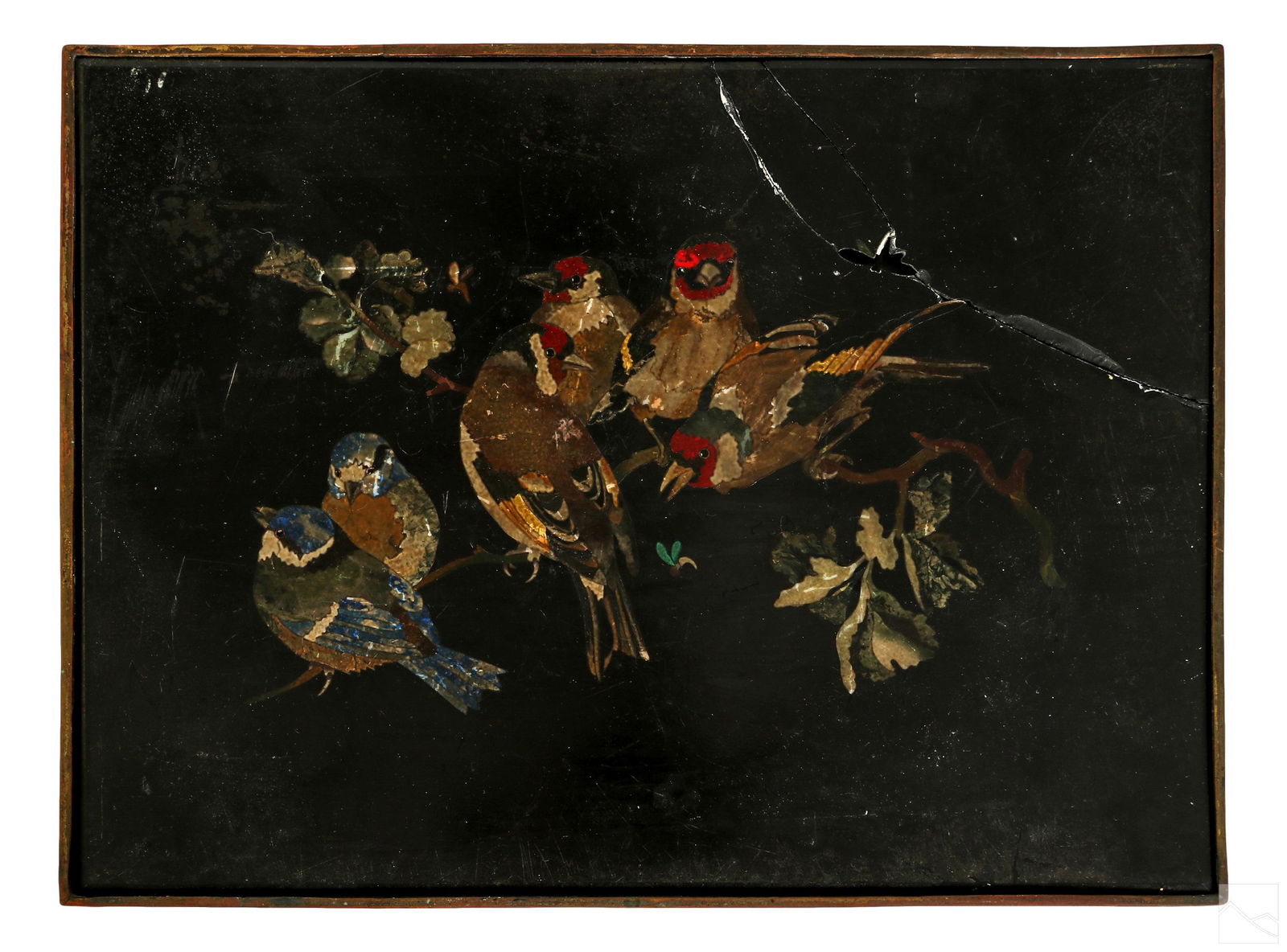 Italian Pietra Dura Bird Plaque on Bronze Table: An Italian pietra dura artisan inlaid stone plaque on black granite. An animal wildlife work depicting red and blue birds on a branch with butterflies in background. Surmounting four (4) four long bro