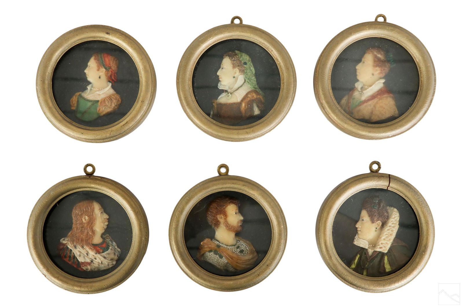 Italian Antique Wax Renaissance Profile Portraits: An estate lot of six (6) antique wax profile miniature portraits. Cast in wax and hand colored. Figural works depicting members of the Italian Renaissance era nobility. Four (4) female and two (2) mal