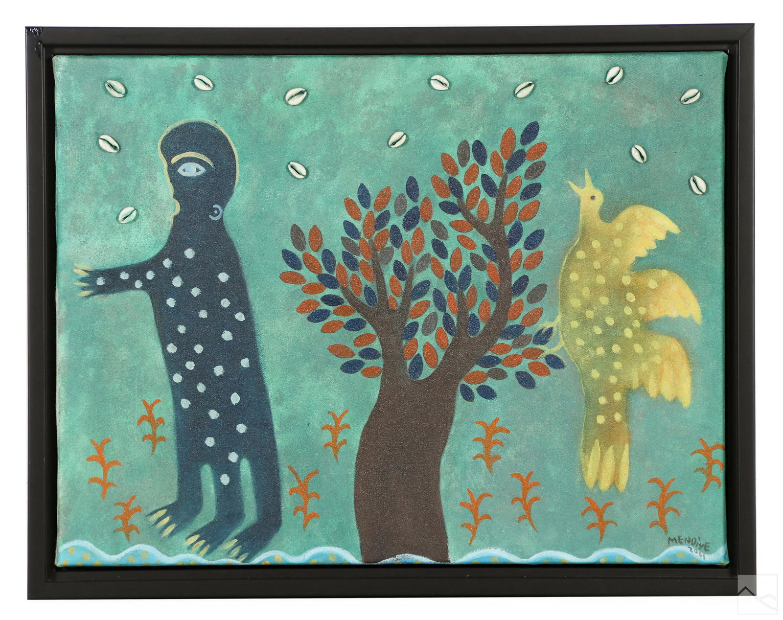 Manuel Mendive b.1944 Afro Cuban Abstract Painting: Manuel Mendive Joyos (Cuban, born 1944). An original mixed media painting on canvas. Acrylic, with natural marine seashells. Titled "E Pajaro Amarillo" ("With Yellow Bird.") An abstract figural work f