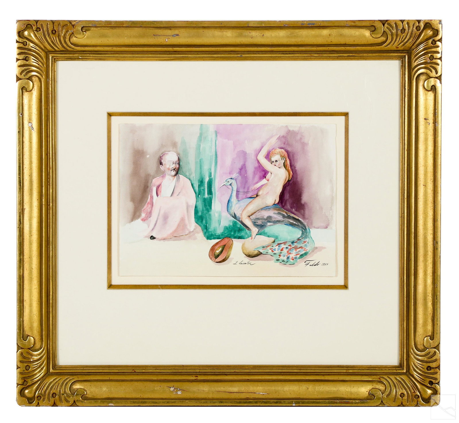 Roberto Fabelo b.1950 Surrealist Figural Painting: Roberto Fabelo (Cuban, born 1950). A watercolor painting on paper. Depicting a recumbent guru or mystic lama style figure wearing a monocle with a female nude figure seated on and riding a peacock bir