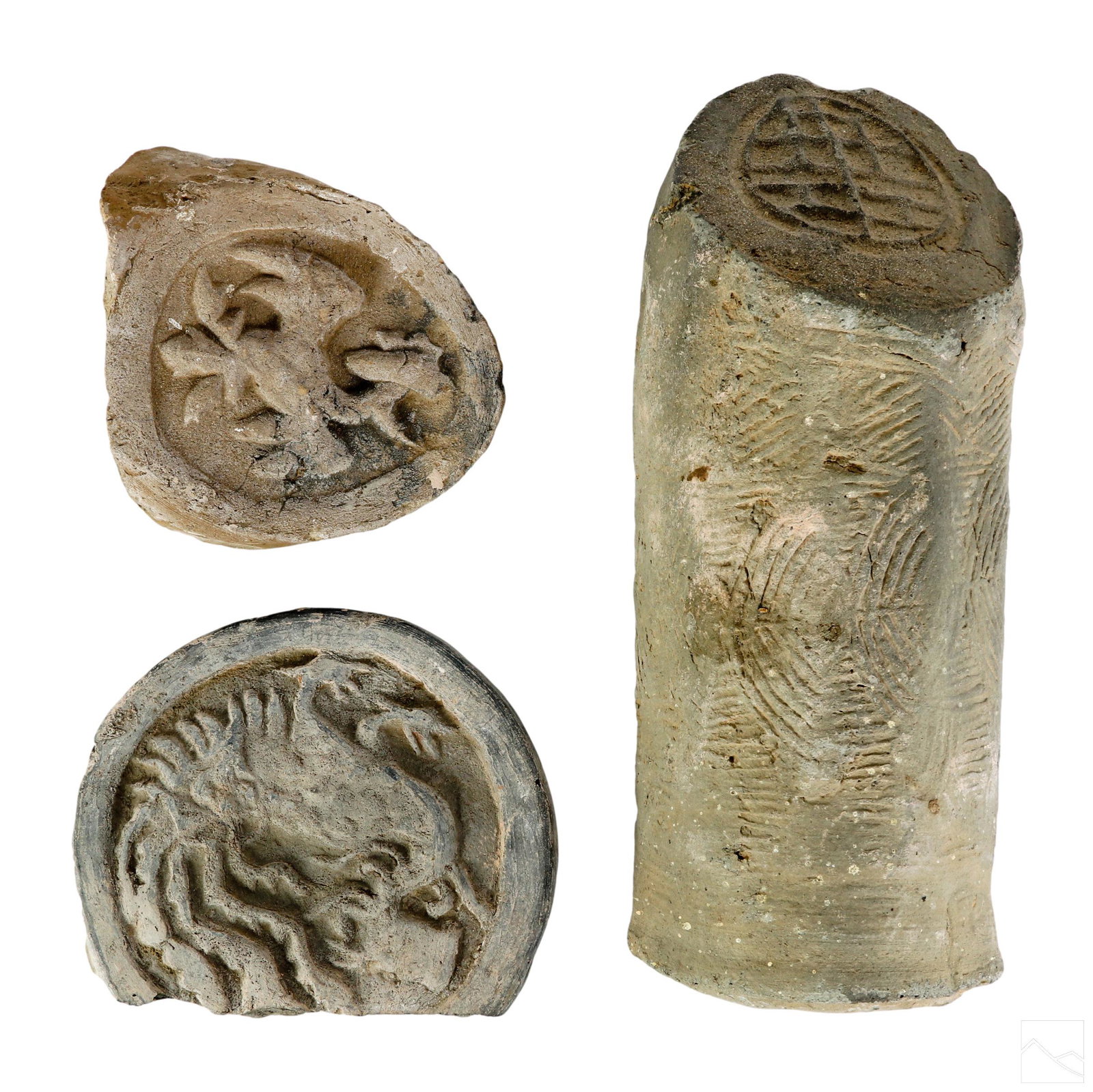 Asian Antique Buddhist Temple Tiles Fragments LOT: A grouping of three (3) antique Asian Buddhist temple tile fragments. Includes: one (1) circular tile with dragon; one (1) circular tile with phoenix; and one (1) barrel form tile with impressed and r