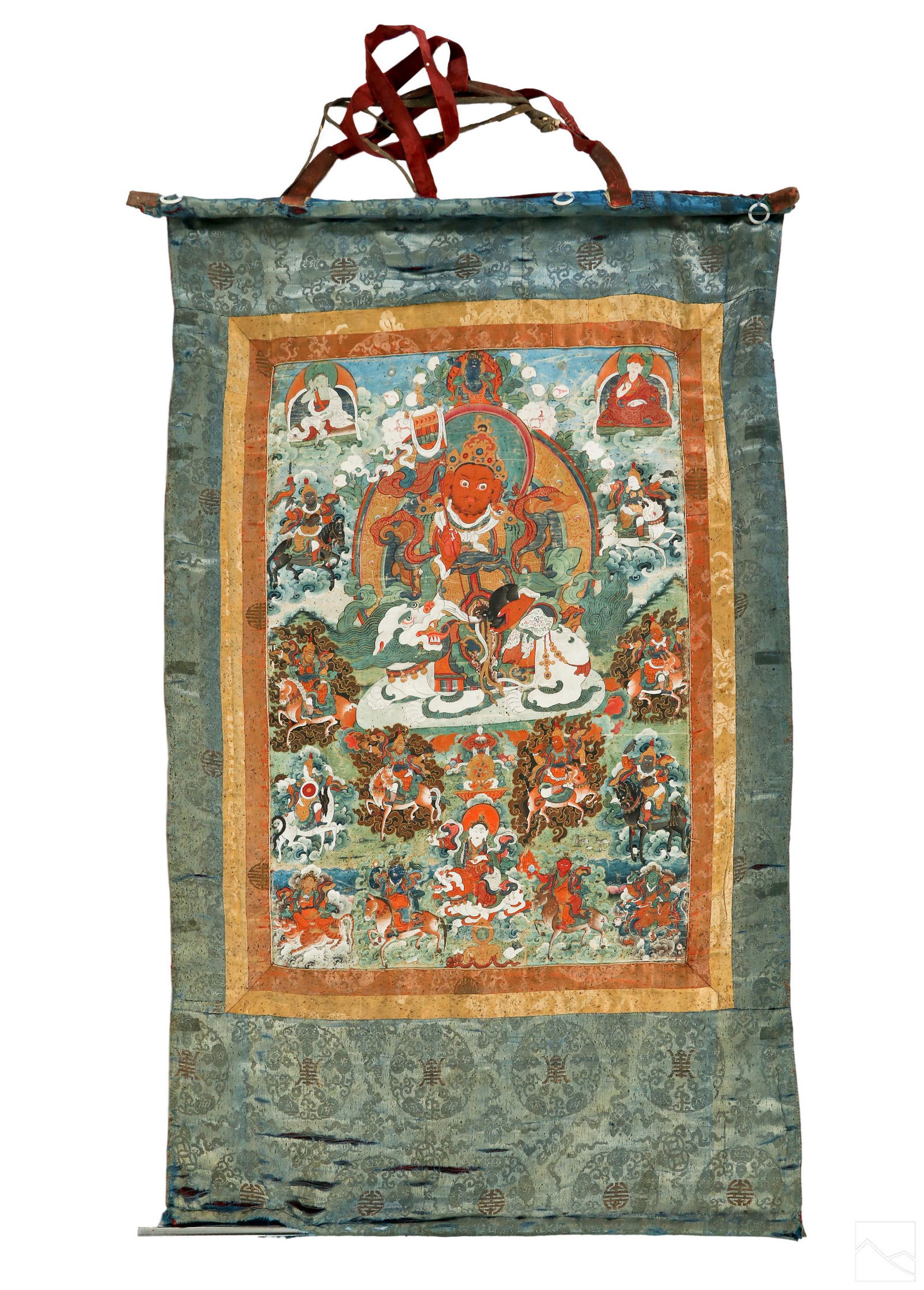 Tibetan Buddhist Antique Thangka Gouache Painting: Antique Chinese silk scroll thangka or thanka scroll painting. A figurative work in the style of the 18th to 19th Century Tibetan School, depicting a central Vaisravana or similar Indo Buddhist divini