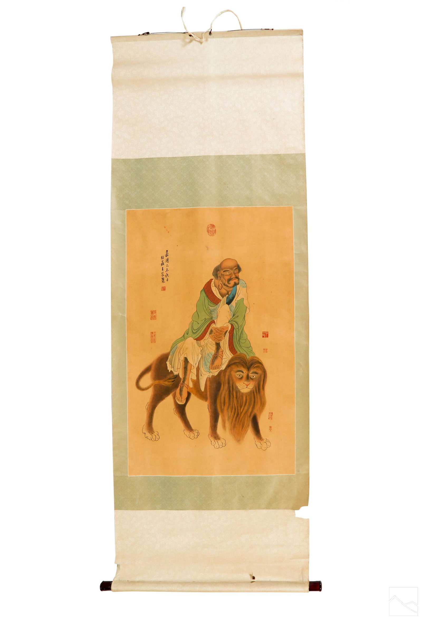 Chinese Wenshu Buddha & Lion Silk Scroll Painting: A Chinese scrolling watercolor painting on silk paper. A figurative work depicting Wenshu, or Manjushri, the oldest and most significant bodhisattva in Mahayana literature. The Immortal is depicted ri