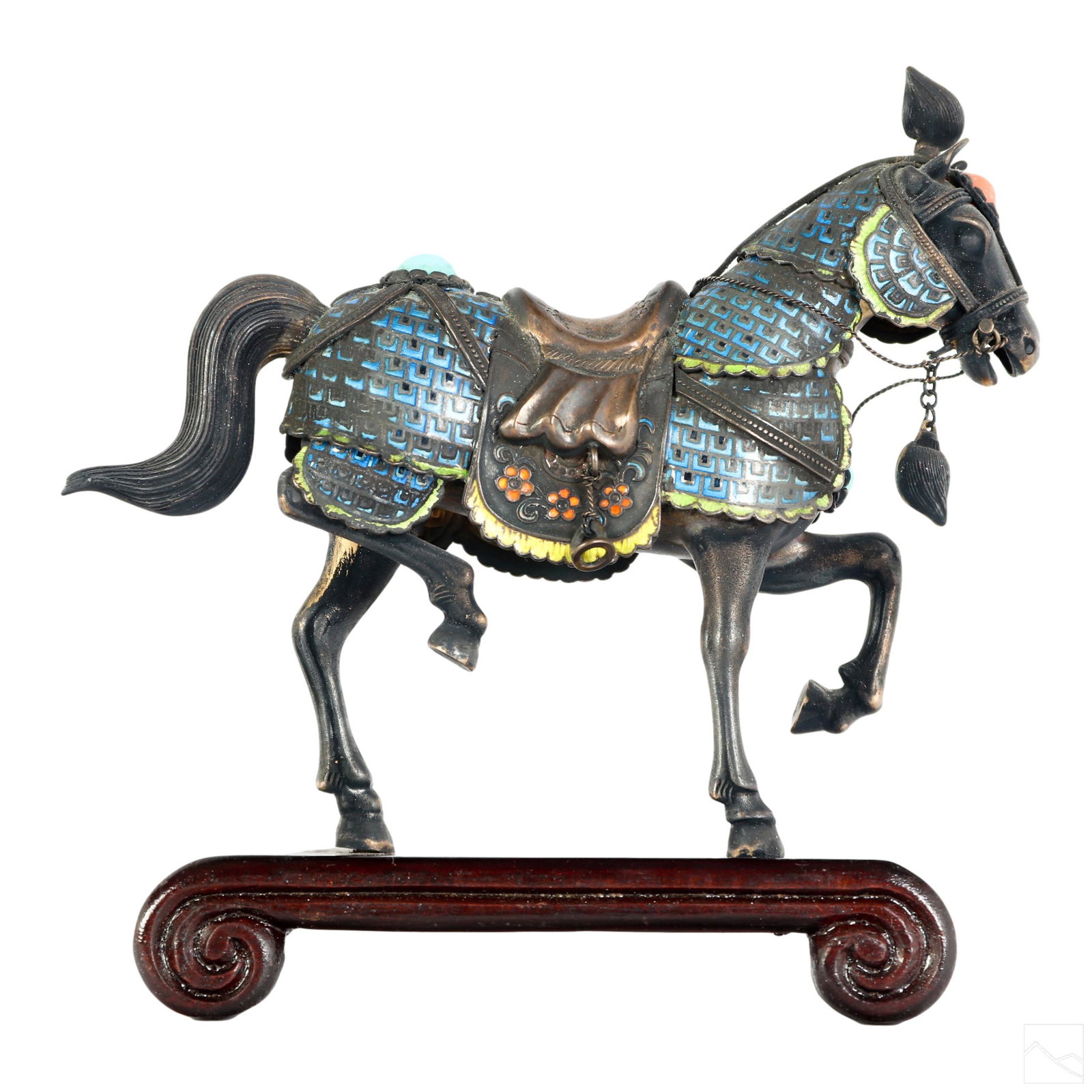Chinese Antique Silver Enamel Tang Horse Sculpture: An antique Chinese silver enamel replica Tang Horse figurine. A figural work in gilt silver wire with enamel in blues, yellows, and pinks. Set with turquoise and coral colored stones. Stones on headdr