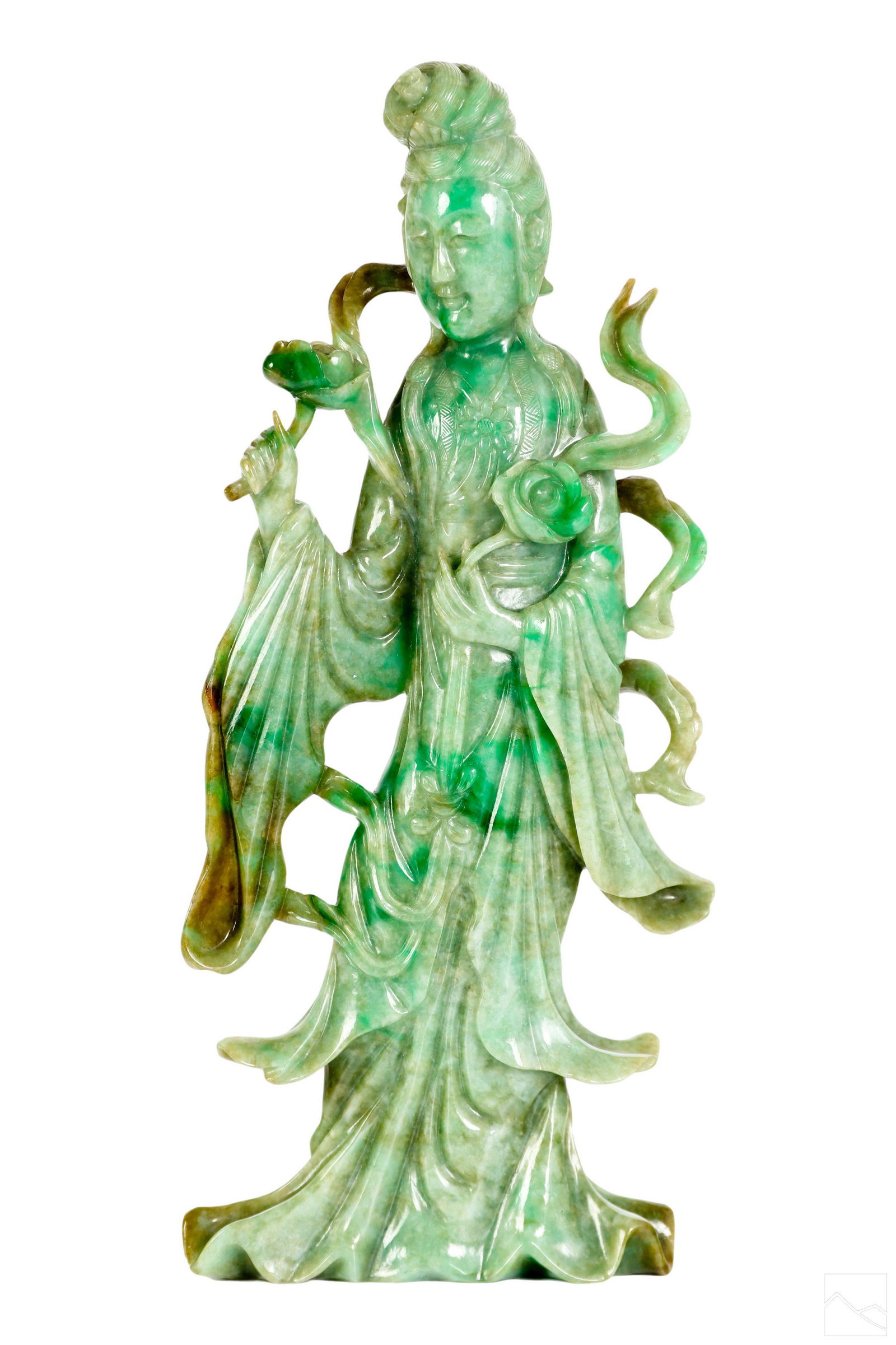 Chinese Green Jade Immortal Guanyin Sculpture 870g: A Chinese carved green jade statue. Green jade with darker green and russet inclusions. A figural work depicting Guanyin, also called Avalokitesvara, the Buddhist and Chinese folk religion bodhisattva