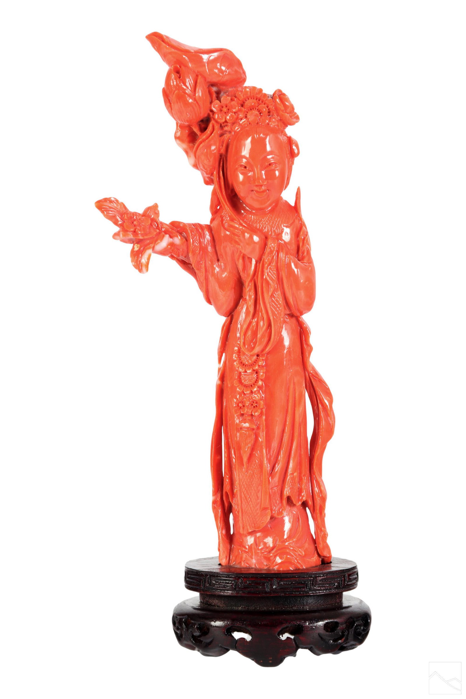 Chinese Red Salmon Coral Guanyin Sculpture 200g.: A Chinese carved red salmon coral branch statue. A figural work depicting Guanyin, also called Avalokitesvara, the Buddhist and Chinese folk religion bodhisattva of mercy and compassion. Depicted with
