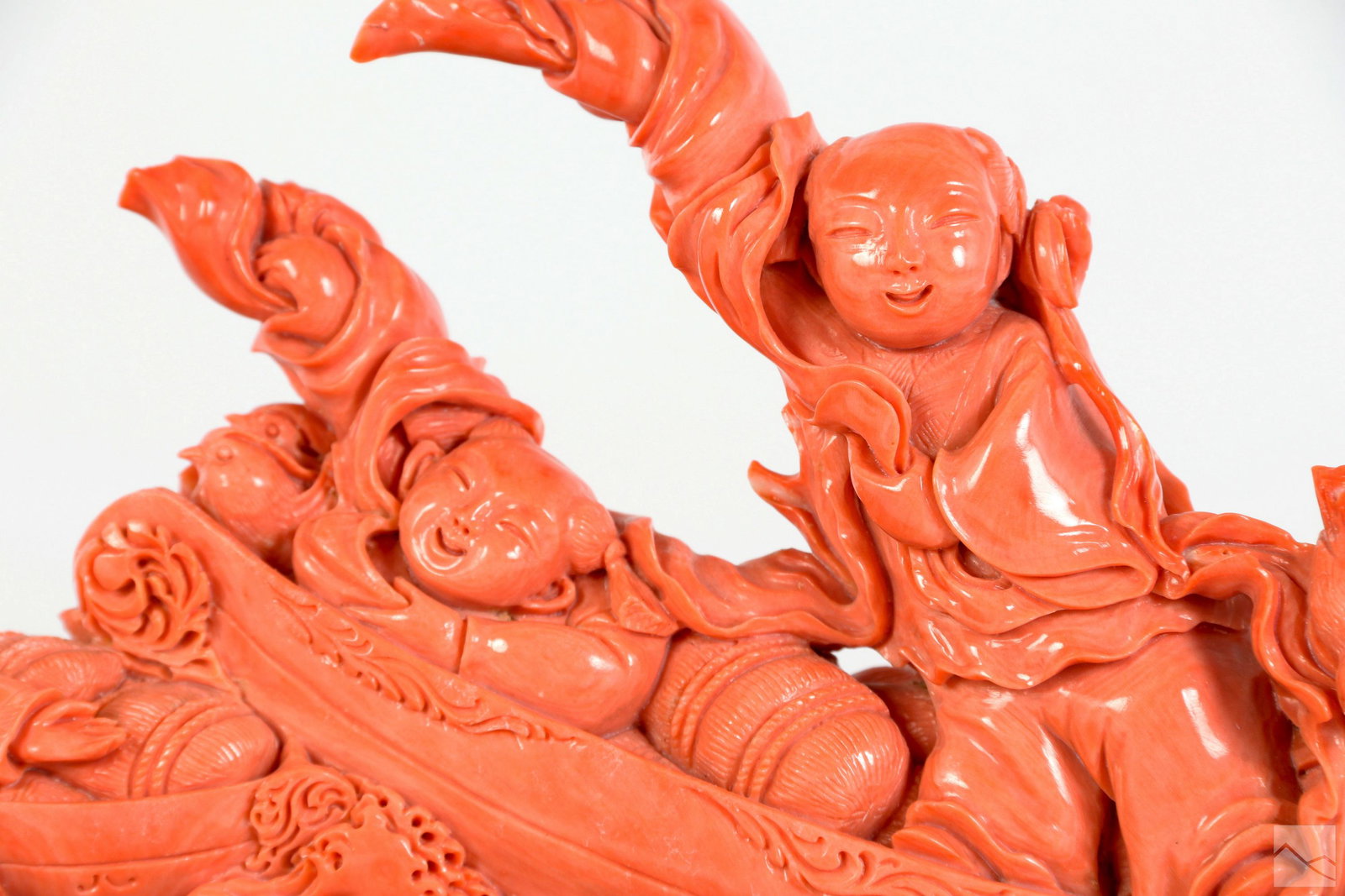 Chinese Red Salmon Coral Immortals Sculpture 1120g: A Chinese carved red salmon coral branch statue. A figural work depicting He-He Er Xian, translated as the "Immortals of Harmony and Union," Taoist divinities popularly associated with happy marriages