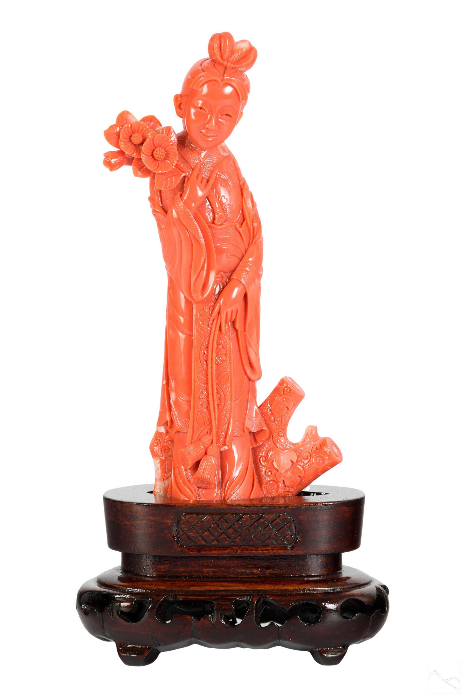 Chinese Red Salmon Coral Guanyin Sculpture 260g.: A Chinese carved red salmon coral branch statue. A figural work depicting Guanyin, also called Avalokitesvara, the Buddhist and Chinese folk religion bodhisattva of mercy and compassion. Depicted with