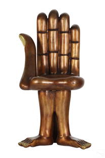 Pedro Friedeberg b1936 Bronze Hand Chair Sculpture: Pedro Friedeberg (Mexican, born 1936). A limited edition bronze art sculpture. A whimsical figural work modeled as an abstract chair produced from a hand and foot. Finished in a caramel brown patina w