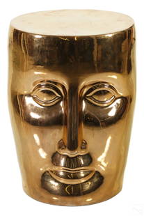 Philippe Starck Bonze Gold Gilt Ceramic Head Stool: A ceramic art pottery decor Bonze stool chair by Philippe Starck (French, born 1949). Modern design with abstract head form garden stool seat evoking the face of the Buddha and monumental Renaissance