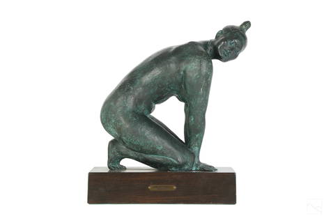 Armando Amaya b.1935 Modern Bronze Figural Statue: Armando Amaya (Mexican, born 1935). A bronze sculpture. A modern figural work depicting a female figure in a recumbent kneeling position, with her head turned slightly to one side. Incised artist sign