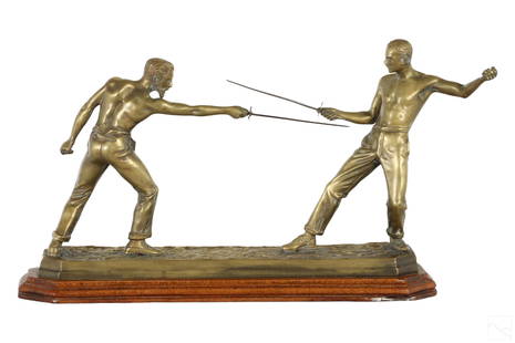 19C. Bronze Sculpture Le Duel Manner Nicolas Mayer: An antique 19th Century French bronze. A figural statue depicting dueling swordsmen after "Le Duel" by Nicolas Mayer (1852-1929). Depicting dual opposing shirtless male figures in combative fencing st