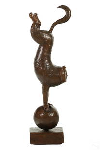 Sergio Bustamante b.1949 Bronze Cat Art Sculpture: Sergio Bustamante (Mexican, born 1949). A limited edition cast bronze statue. Titled, "Little Cat on Sphere." A whimsical animal wildlife work depicting an abstract cat balancing on a sphere with its