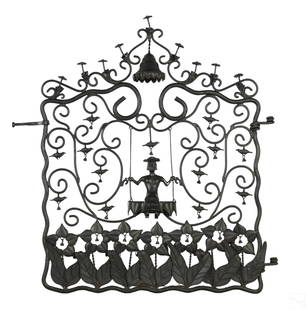 Mackenzie Childs Mrs Powers Cast Iron Garden Gate: A designer Mackenzie Childs Mrs. Powers Garden Gate. Produced in forged iron with black finish. Unusual scrolling design with a profusion of bell forms, and featuring a central stylized female figure