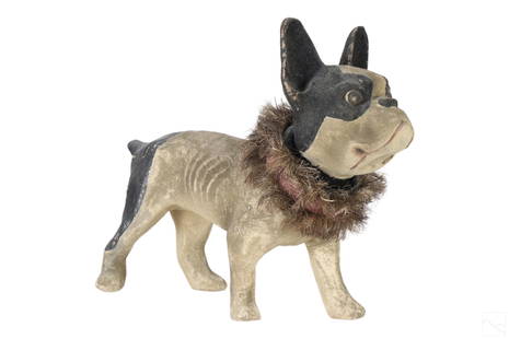 German Papier Mache French Bulldog Nodder Dog Toy: An early 20th Century antique German paper mache toy. A model Boston Terrier or French Bulldog growler pull toy. Imitation fur and hair collar to exterior with hand painted "nodding" head. No