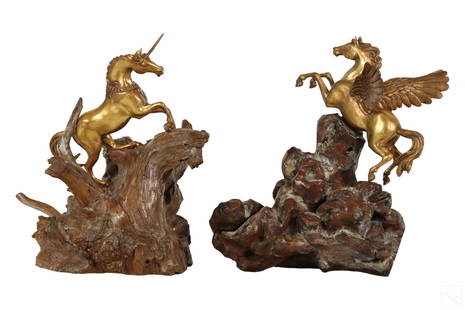 Miguel Ruelas Mexican Gilt Wood Pegasus & Unicorn: Miguel Martinez Ruelas (Mexican, 20th Century). A pair of mythical carved wooden sculptures. Gold gilt figures modeled as Pegasus and a unicorn on large wooden bases. Both having artist signature