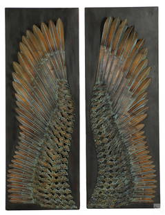 Modern Wings of Icarus Metal Wall Decor Sculpture: A 21st century modern decorative wall art sculpture. Interior decor modeled as the Classical Greek mythical Wings of Icarus. Each features realistic opposing wings with life like metal feathers. Each