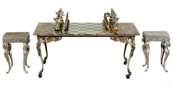 Giuseppe Vasari 1934-2005 Opulent Metal Chess Set: Giuseppe Vasari (Italian, 1934-2005). An elegant mixed media chess set and table board. Having 32 gold gilt and silvered pewter metal pieces in a design inspired by "The Three Musketeers," by