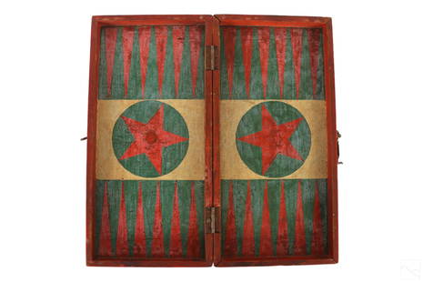 Folk Art Antique Wood Checkers & Backgammon Board: An antique circa 19th Century artisan made folk art game board for use with playing checkers and backgammon. A hinged box with interior compartment hand painted in a red and green colorway with decora