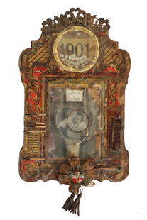 Patricia Nix b.1938 Folk Art Kitsch Diorama Plaque: Patricia Nix (American, born 1938). A mixed media wall plaque mosaic diorama. Composite wood with applied glass plaques and other elements, including: Bronze ribbon, scrolling, and floral form