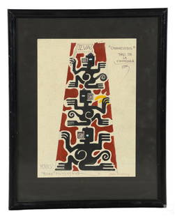 Pedro Friedeberg b.1936 Watercolor Figure Painting: Pedro Friedeberg (Mexican, born 1936). An original mixed media painting on paper. Graphite and watercolor. Titled, "Changuitos: Tiro de la Chimenea" ("Little Monkeys: Chimney Shot.") Painted in a