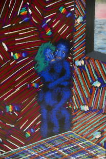 Lucas Samaras b.1936 Figural Pastel Drawing 1974: Lucas Samaras (American Greek, born 1936). An original pastel drawing on paper. An abstract figural interior landscape with two embracing blues figures in the corner of a colorful room. No apparent si