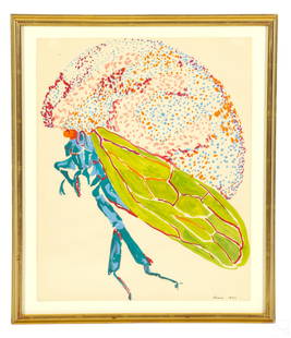 Nancy Graves 1939-1995 Cicada Watercolor Painting: Nancy Graves (American, 1939-1995). An original watercolor painting on paper. An insect wildlife work depicting a cicada bug, produced in a brightly colored abstract style with apple green wings, and