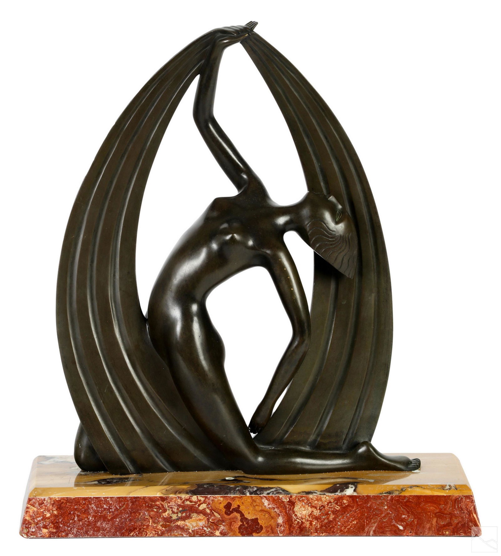 Demetre Chiparus 1886-1947 Deco Bronze Nude Statue: After Demetre Chiparus (Romanian, 1886-1947). A bronze sculpture. An Art Deco figural work depicting a nude female figure modeled with sweeping wing or drapery forms, and evoking the style of a "butte