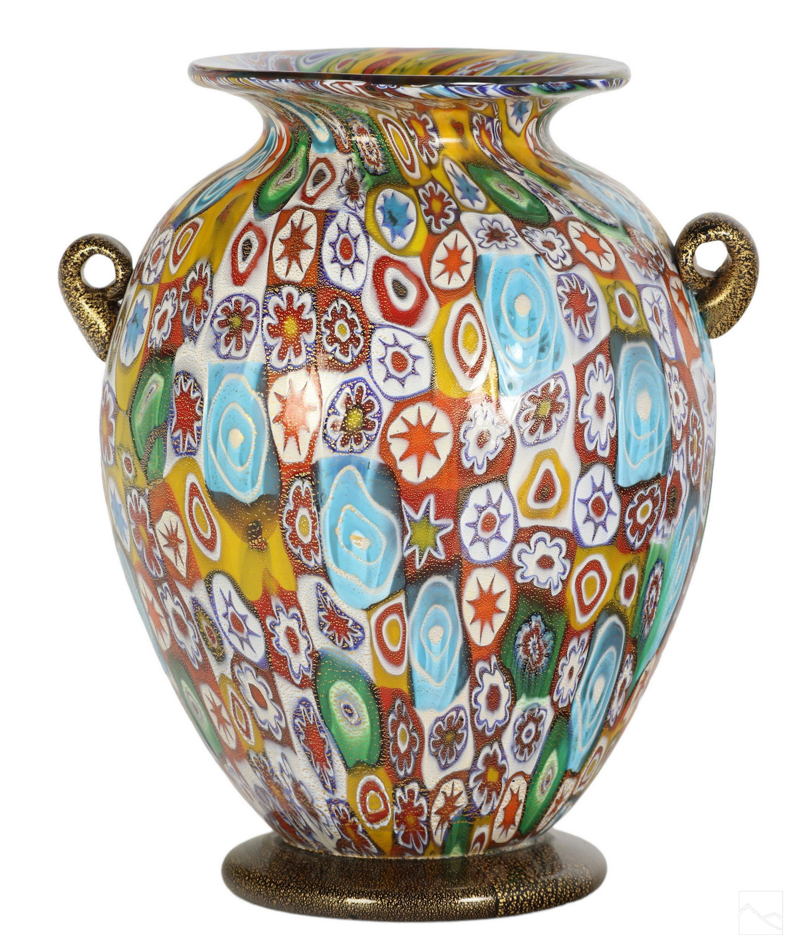 Murano Venetian Art Glass Murrine Amphora Urn Vase: A Murano Italian studio art glass Millefiori vase. An amphora form body with relief surface decorated in exemplary murrine stars, flora, geometric patterns, and other forms, in a striking colorway. Du