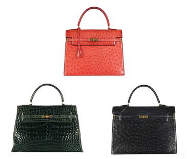 Morabito Ostrich & Crocodile Kelly Bags Style LOT: A collection of three (3) French designer ladies leather purses in the Kelly Bag style by Morabito (Paris). Includes: one (1) black ostrich bag, with 4" drop top handle, three interior side pouches in