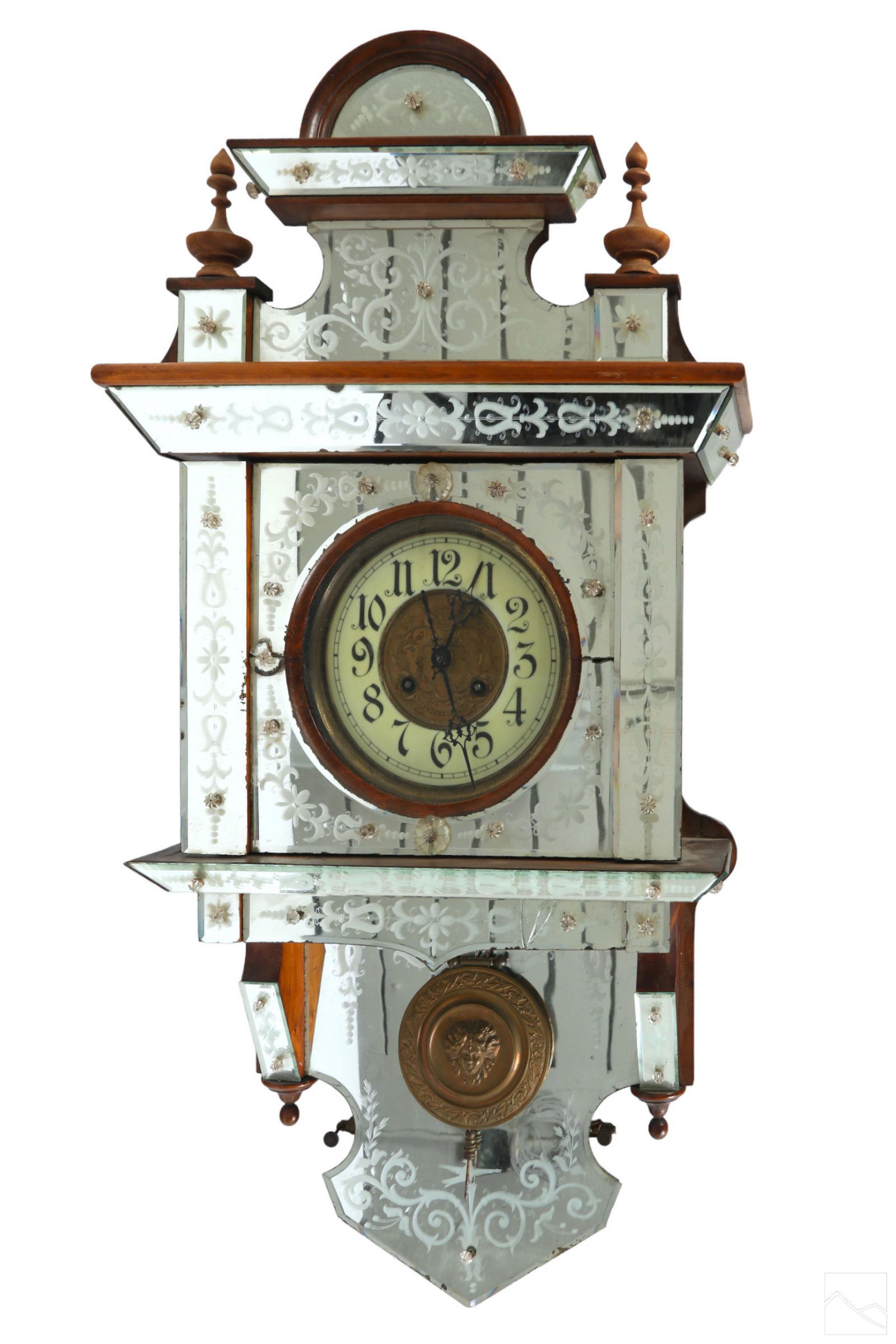 Venetian Antique Mirrored Etched Glass Panel Clock: An antique Italian wall clock with mirror paneled wood body. Clock encompassed by three clear glass panels, and includes an ornate pendulum with floral relief and an elegant figural female face. Glass