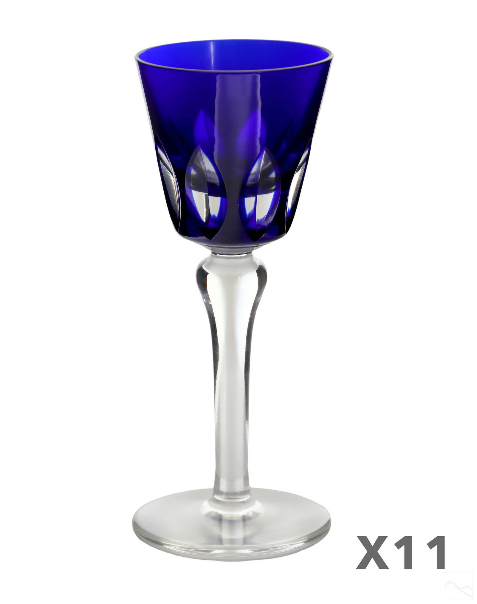 St Louis Crystal Cobalt Jersey Wine Glass 11pc SET: A set of 11 Saint Louis French crystal stemware wine glasses in the Jersey Cut pattern. Featuring clear glass stems with cobalt blue vertical cut to clear bowls. Each with manufacture mark to bottom c
