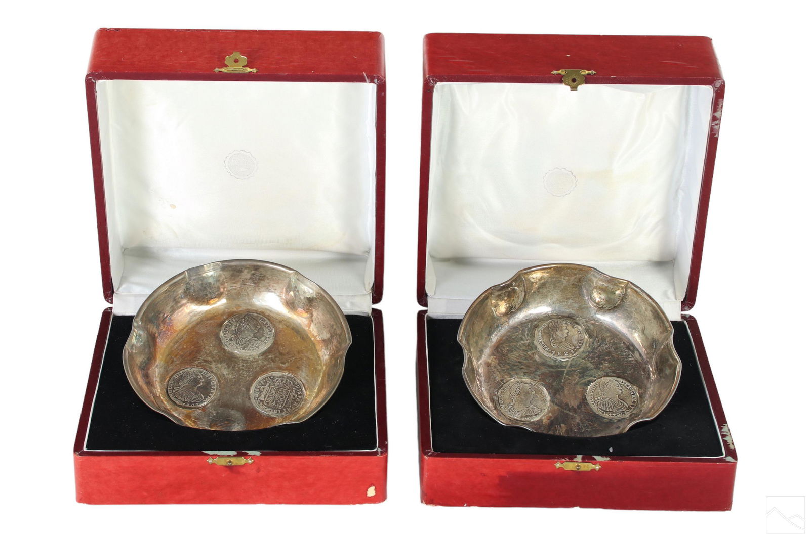 Spanish Fine 915 Silver Colonial Coin Wine Caddies: A pair of Spanish fine .915 silver wine caddy coasters. Each produced with three (3) circa 19th Century antique Spanish Colonial Era coins embedded in body. Stamped with Spanish star, fish, and lion s