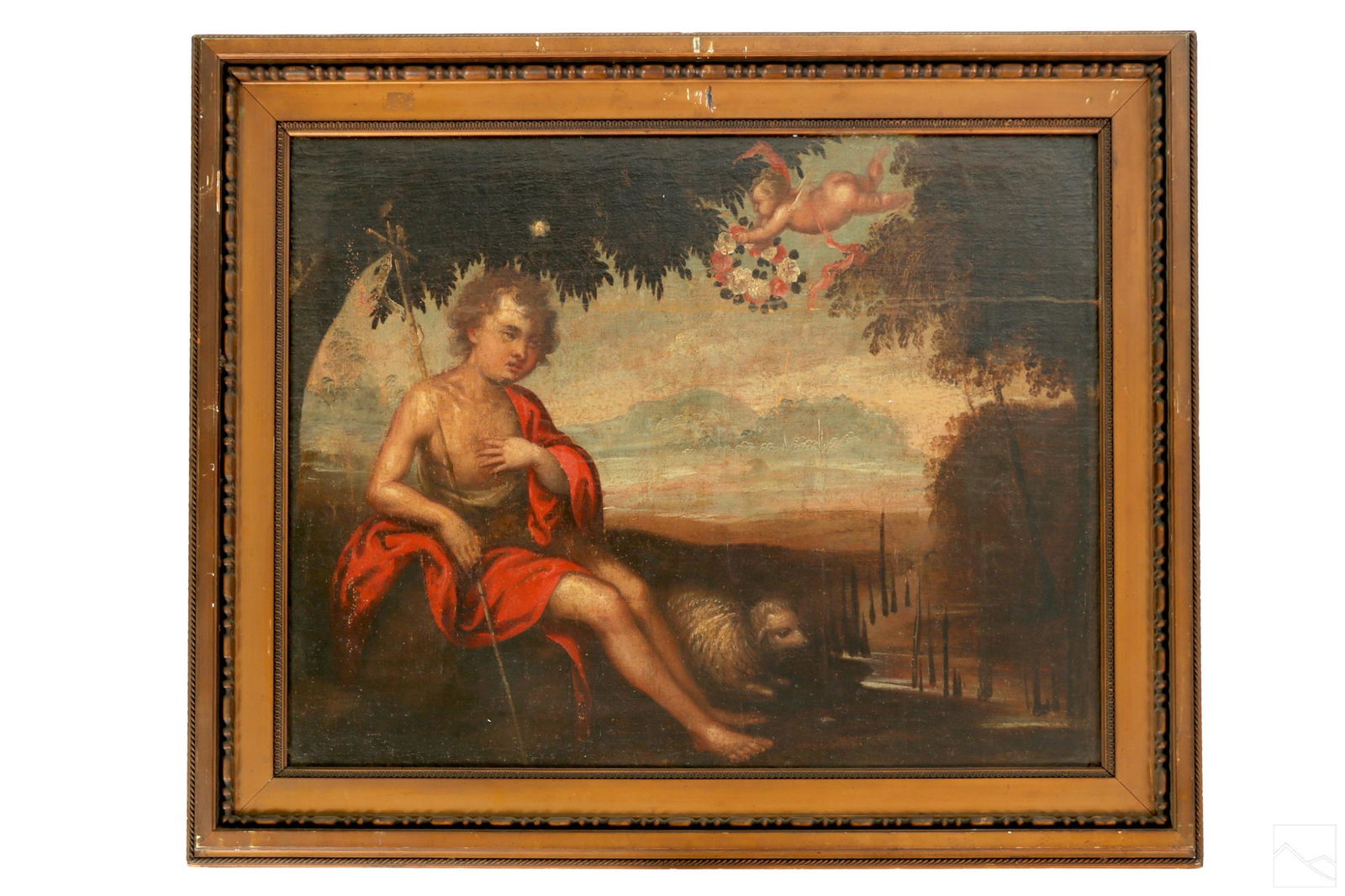 Italian Antique Allegorical Religious Oil Painting: Mystery Artist (Italian, 19th Century, or possibly earlier). An original antique oil painting on canvas. A figural allegorical work depicting a recumbent shepherd figure and lamb with landscape and a