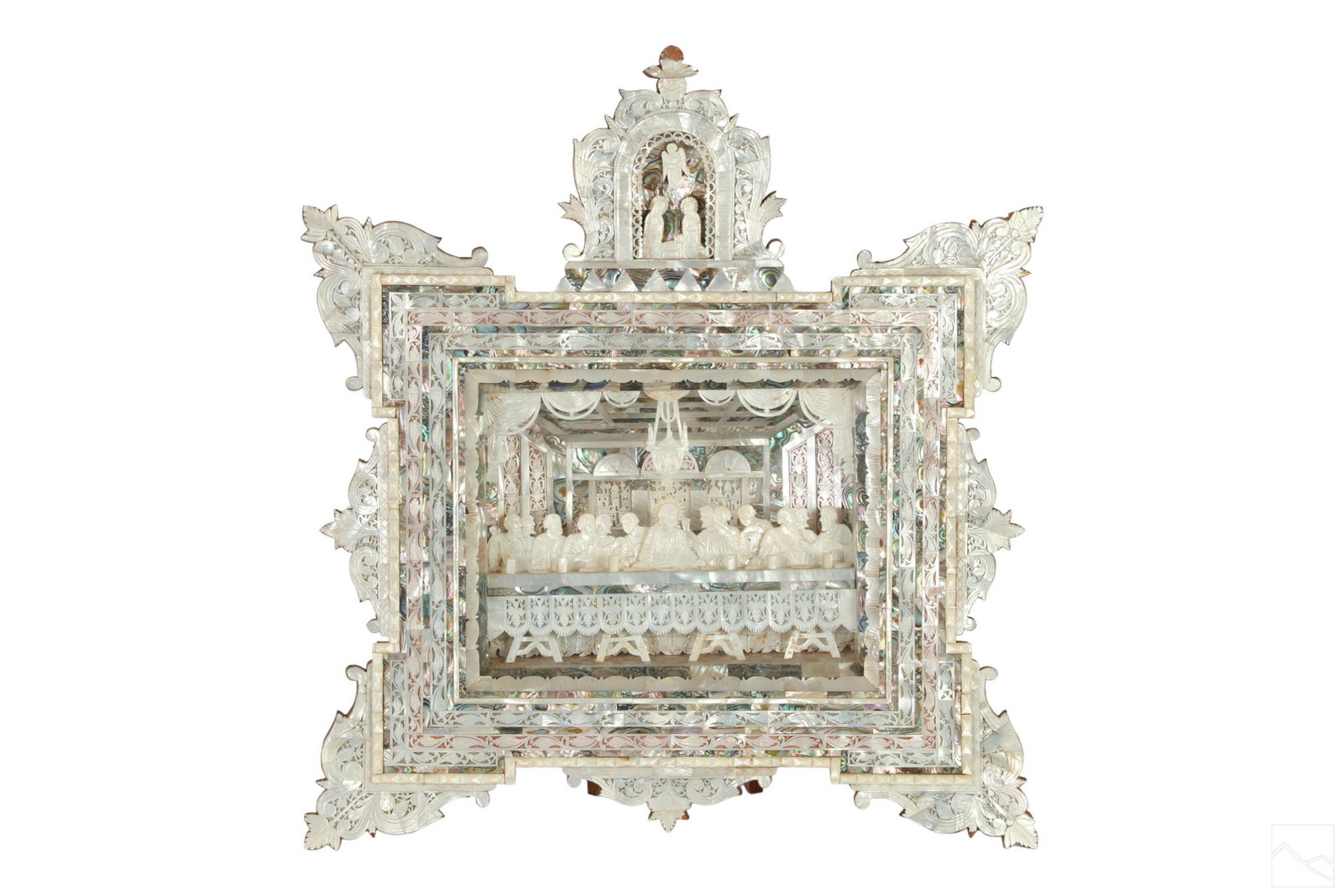 Last Supper Mother of Pearl Religious Altarpiece: An antique European mixed media altar piece or reredos. Olive wood and rosewood with mother of pearl and abalone shells. An iconostasis religious work depicting the Biblical Last Supper in a carved an