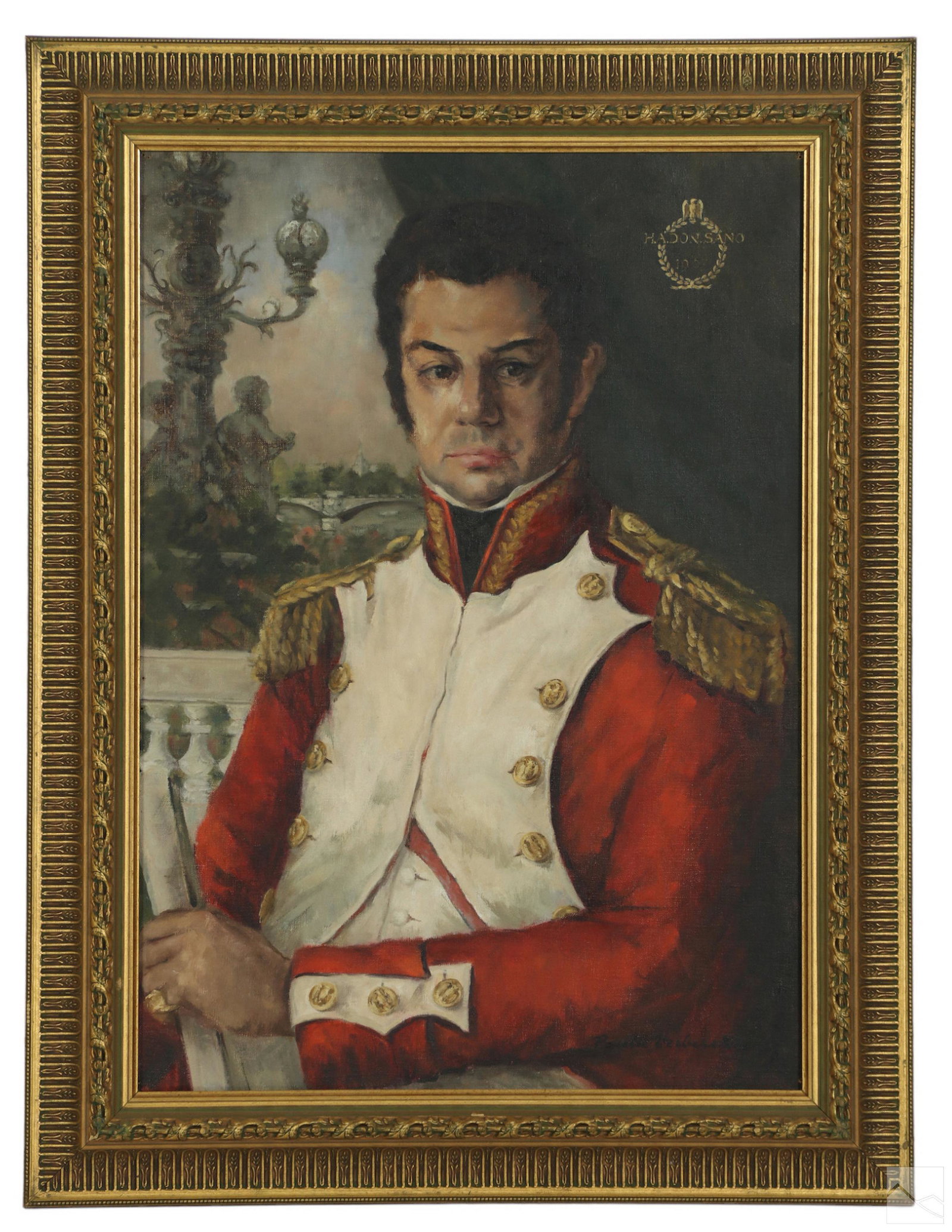 Paula Verberckmoes 20C. Military Officer Painting: Paula Verberckmoes (Belgian, 20th Century). An original oil painting on canvas. A portrait of a distinguished European military officer of rank, dressed in red dress uniform with white lapels, gilt bu