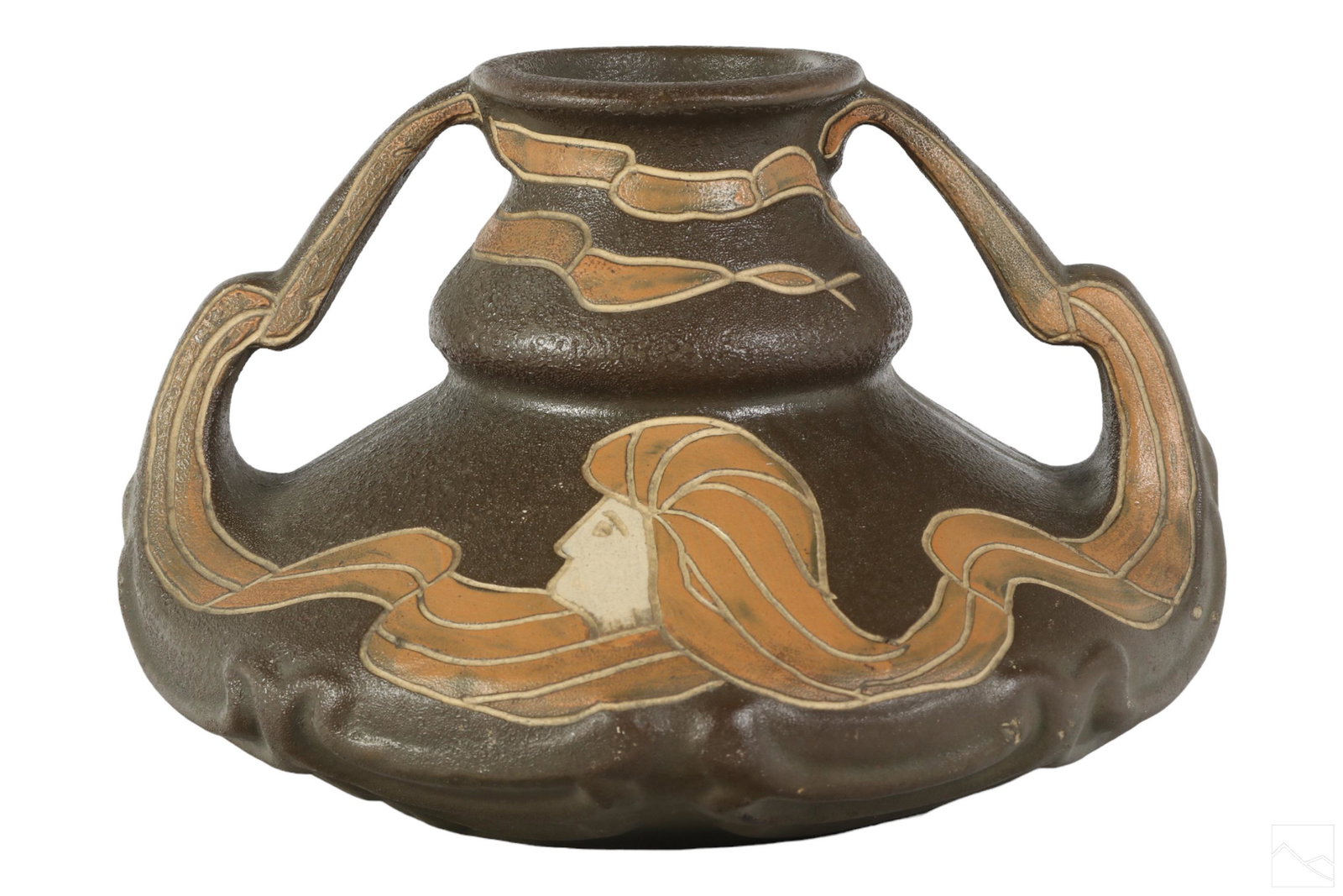 Owens Henri Deux Art Nouveau Figural Pottery Vase: An antique American Art Nouveau art pottery vessel produced in the Henri Deux line by Owens Pottery (North Carolina). Hand incised double handled carved figural flowing designed on front and back. Imp