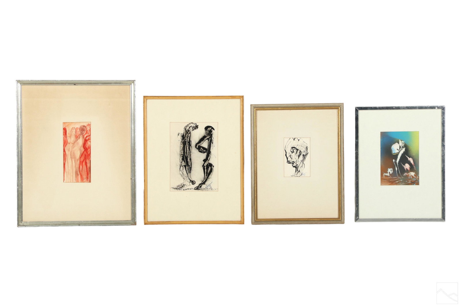 J. James Akston 1898-1983 Paintings 4pc ESTATE LOT: Joseph James Akston (American, 1898-1983). A group of four (4) original paintings, various mediums and surfaces. Includes: one (1) figural work, titled "Chivalrous Gesture," oil on paper, depicting ab