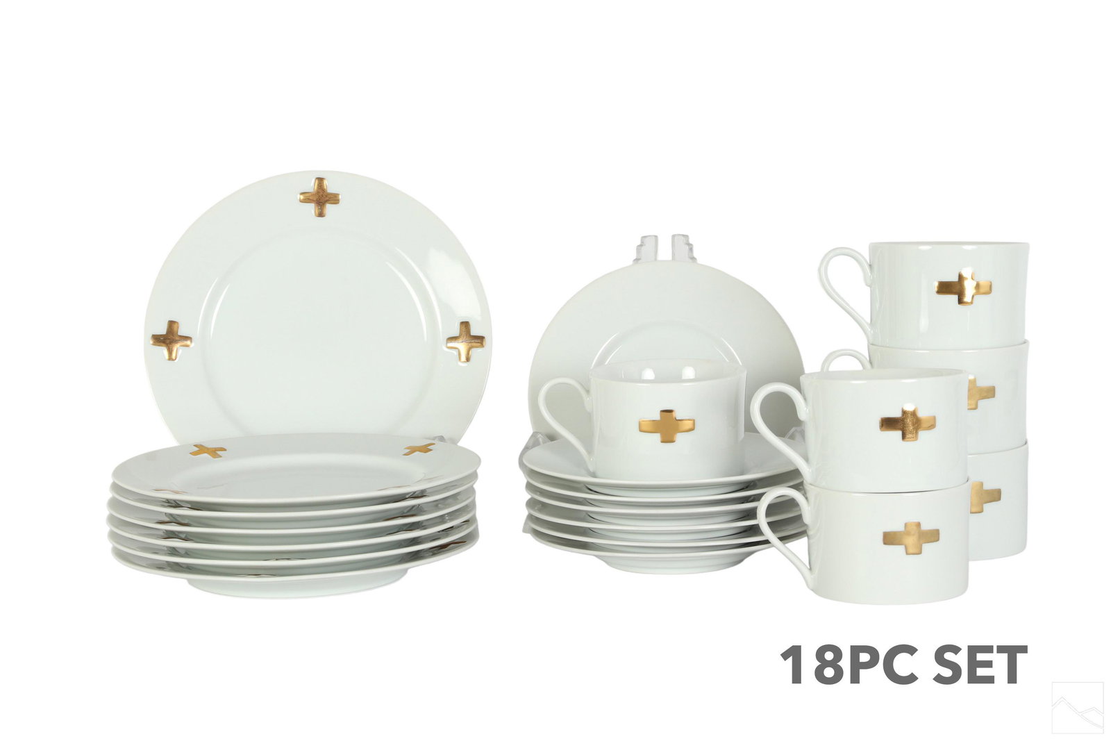Swid Powell Porcelain China Camelot Tea Set 18pc.: An 18 piece porcelain tea or breakfast set designed by Robert Lee Morris (born 1947), produced circa 1994 for Swid Powell (New York; fl. 1982-2001) in the Camelot pattern. White ground and raised gild
