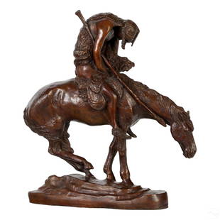 Bronze End of Trail Sculpture after James E Fraser: A bronze American West art cowboy sculpture. Titled, "End of the Trail," after an original work by James Earl Fraser (1876-1953). A figural group depicting an exhausted downcast Native American Indian