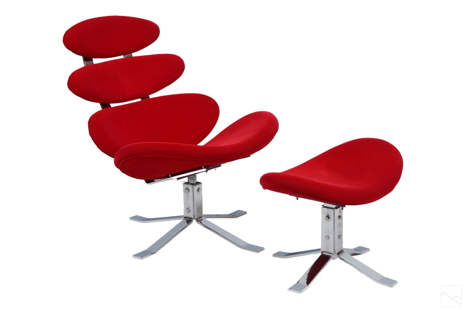 Danish Modern Chair and Ottoman after Poul Volther: A contemporary Modern style club lounge chair and matching ottoman. Produced in the iconic manner of the Danish Modern Corona chair by Poul Volther (1923-2001). Modernist abstract lounge chair with fo