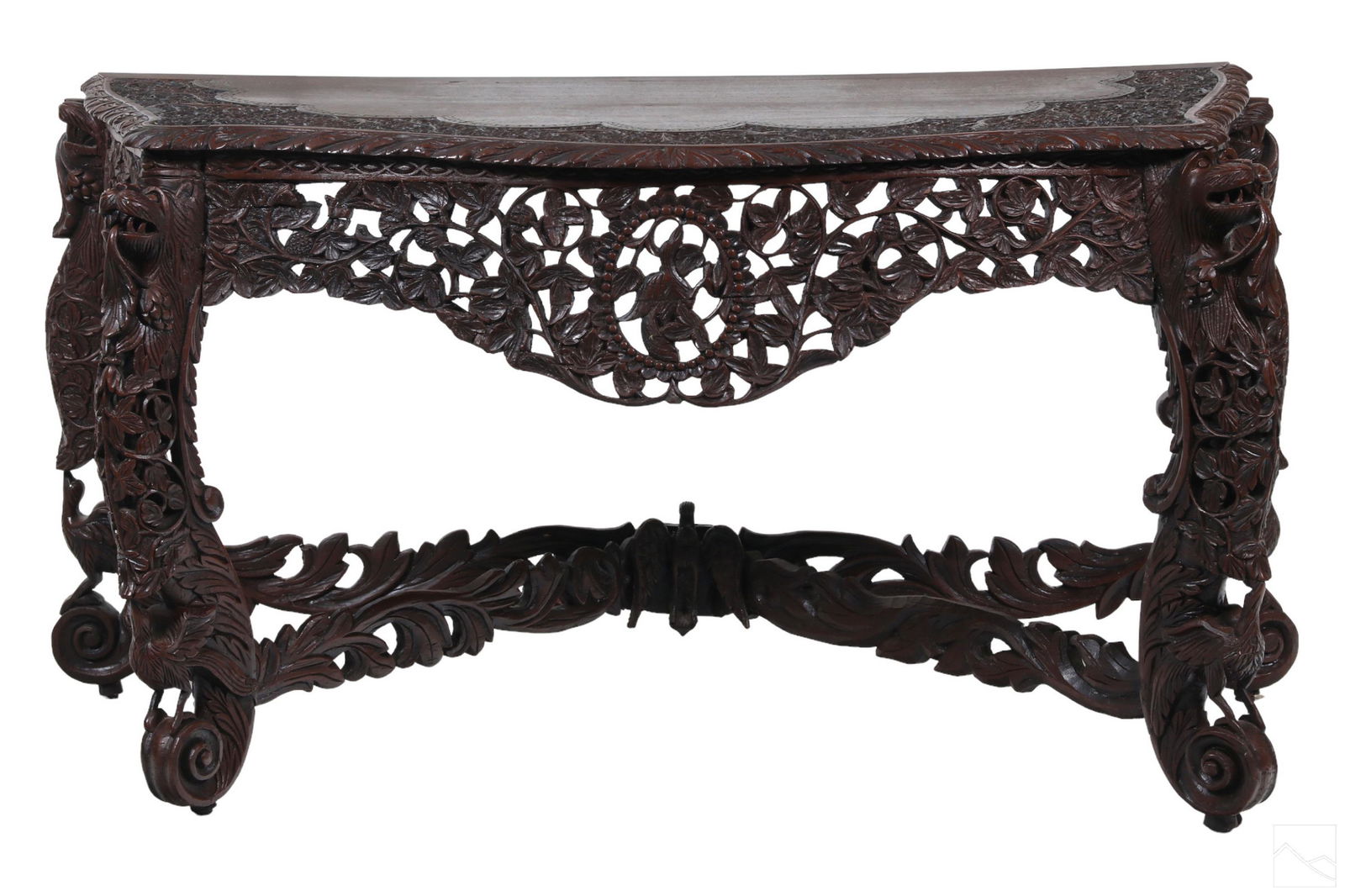 Indo Persian Antique Figural Pierced Wood Console: An antique 19th Century Indo Persian carved wood console. Pierced reticulated design with deep apron and rich brown red finish. Carved allegorical grotesque forms and flora carved within corners, edge