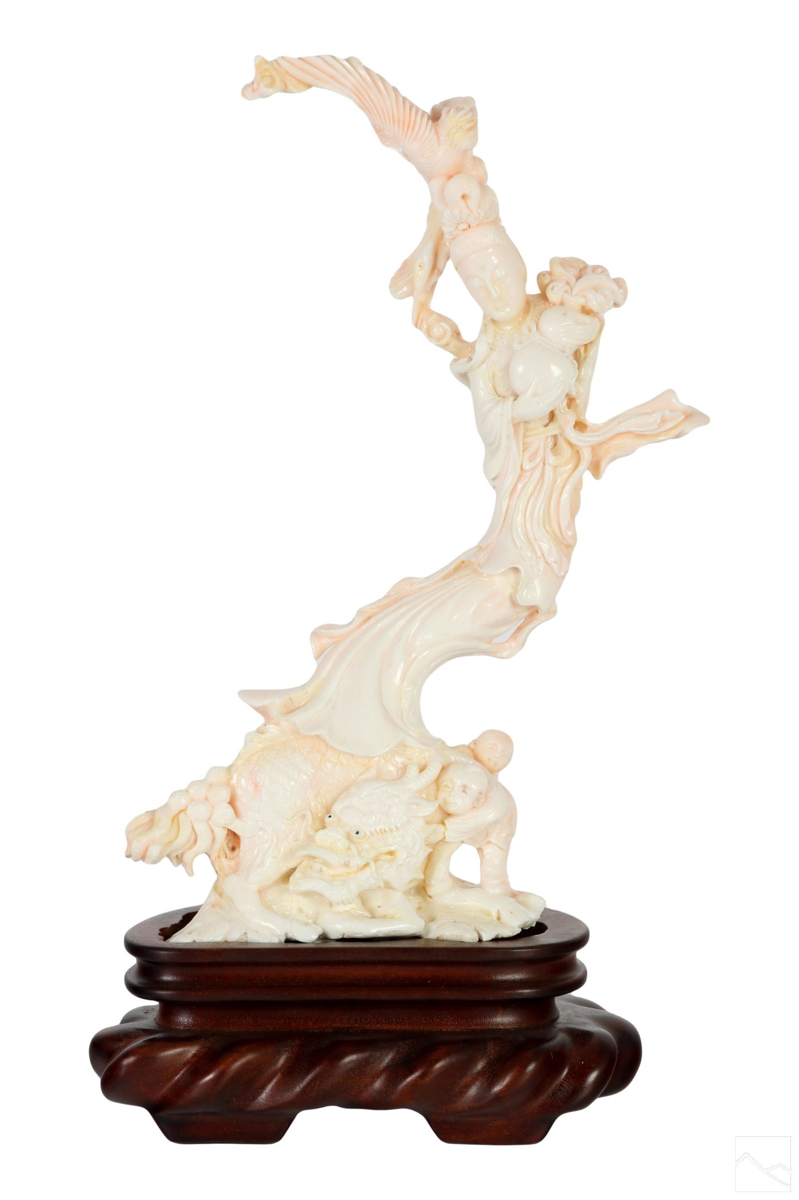 Chinese Angel Skin Coral Immortals Sculpture 608g.: A hand carved Chinese angel skin coral sculpture. A figural group depicting the Immortal Guanyin, standing atop a celestial dragon, with He He Er Xian, the Immortal twins, and an auspicious crane bird
