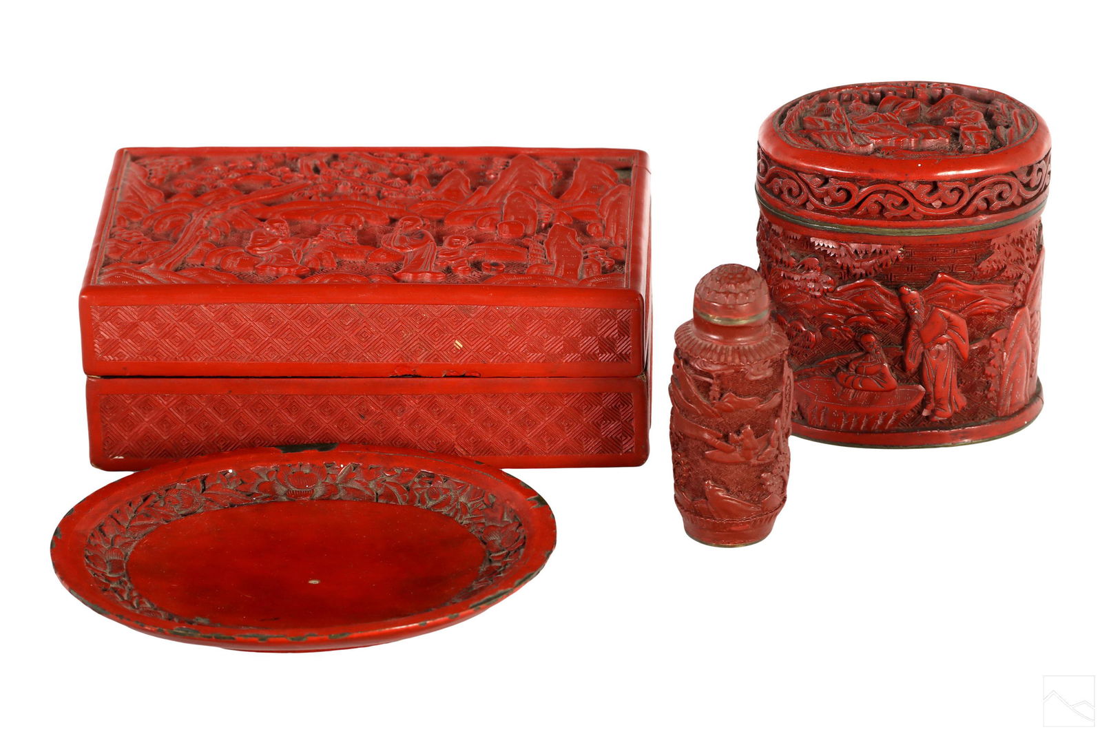 Chinese Carved Cinnabar Bottle Box Ashtray 4pc LOT (1 of 7)