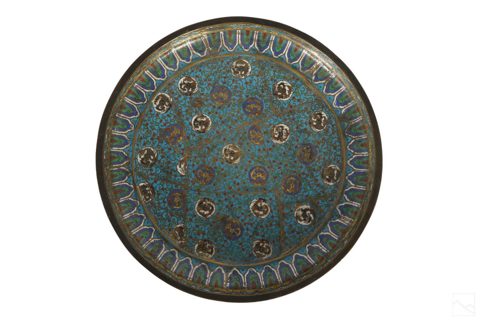Chinese Bronze Cloisonne Footed Blue Charger Plate (1 of 5)