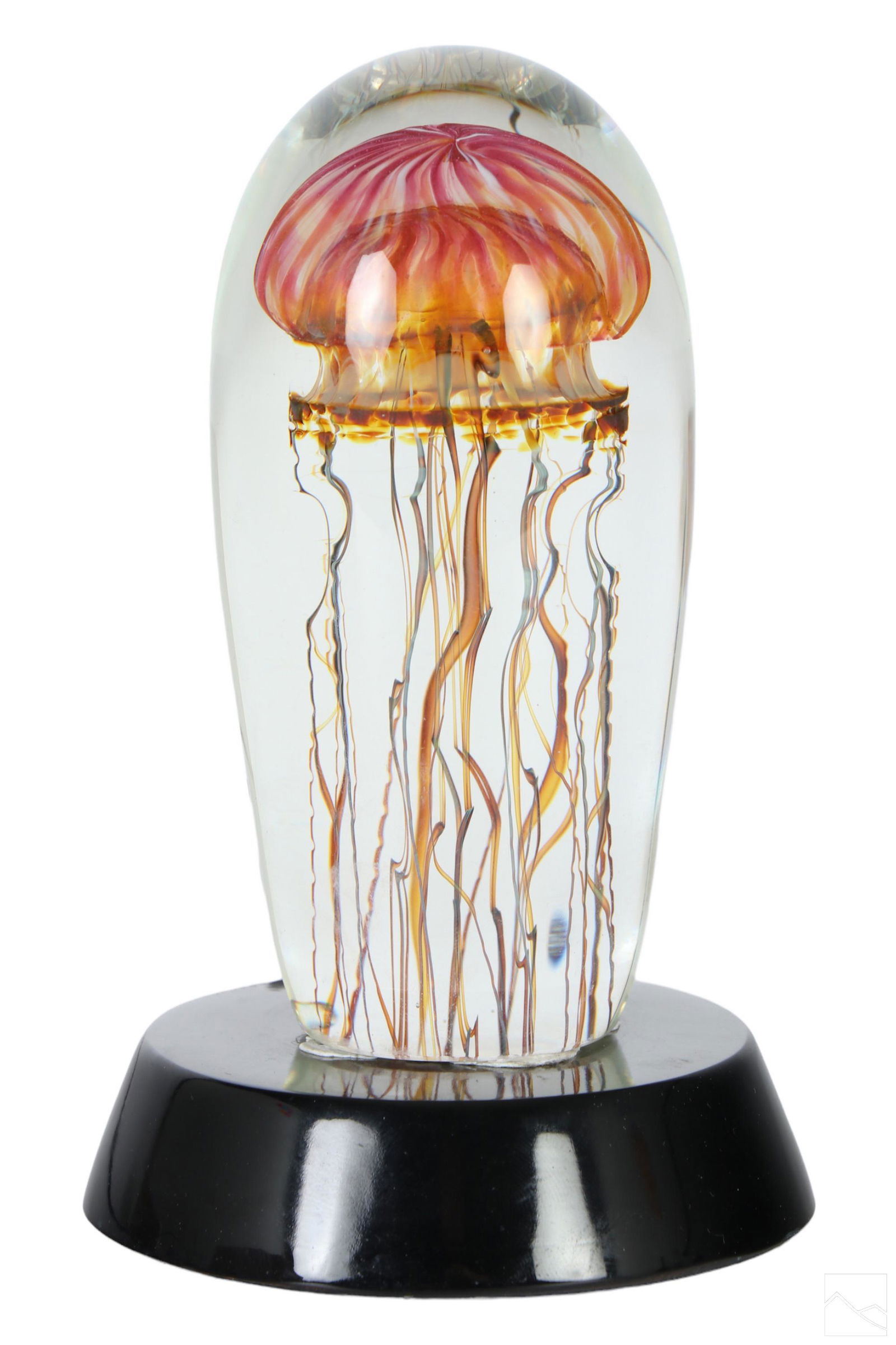 Richard Satava b1950 Art Glass Jellyfish Sculpture: Richard Satava (American, born 1950). A California studio art glass sculpture. An encased work in a clear oblong body with flat underside having an encased submerged (sommerso) colored jellyfish or ma