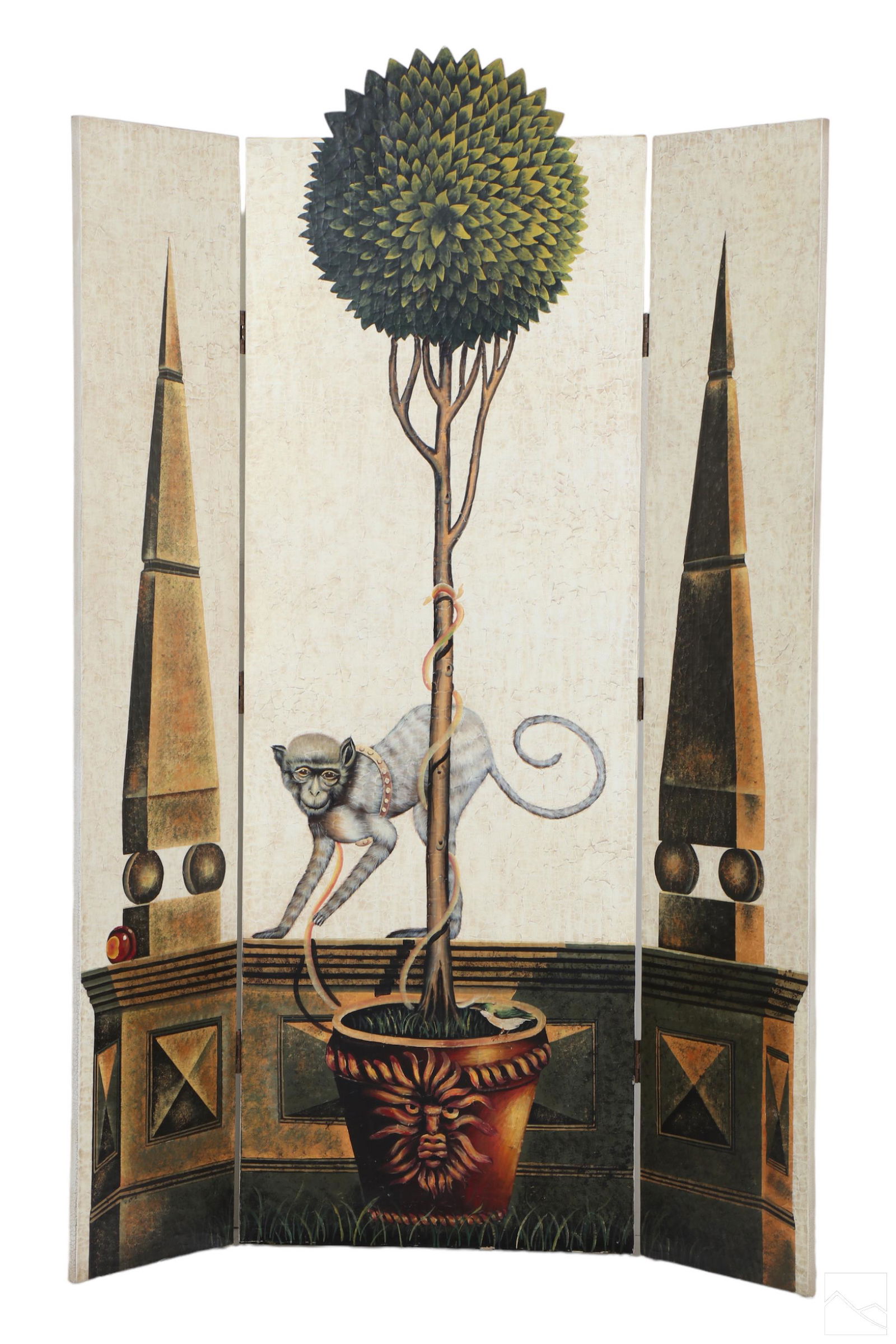 Palm Beach 20C Maitland Smith Monkey Room Divider: 20th Century Hollywood / Palm Beach Regency hand painted three panel folding screen room divider. Featuring a classic architectural motif with life like monkey on leash between two large obelisks, add