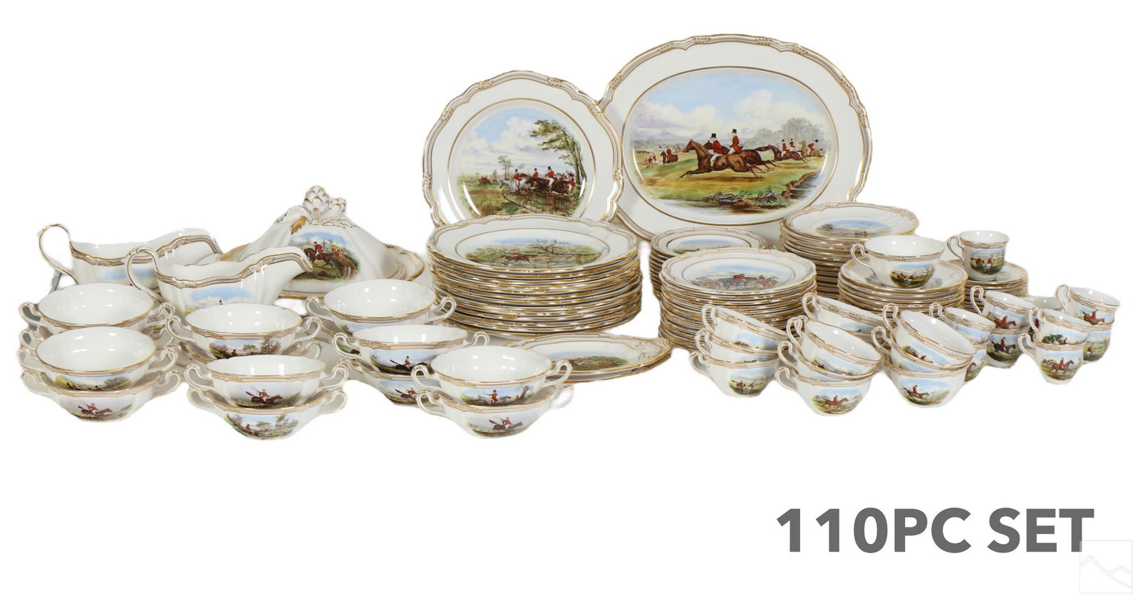 Copeland Spode English Porcelain Dinner 110pc SET: A 110 piece Copeland Spode English bone china porcelain dinner service. Featuring figural landscape equestrian English fox hunting scenes, after the works of John Frederick Herring, Sr. (1795-1865). I