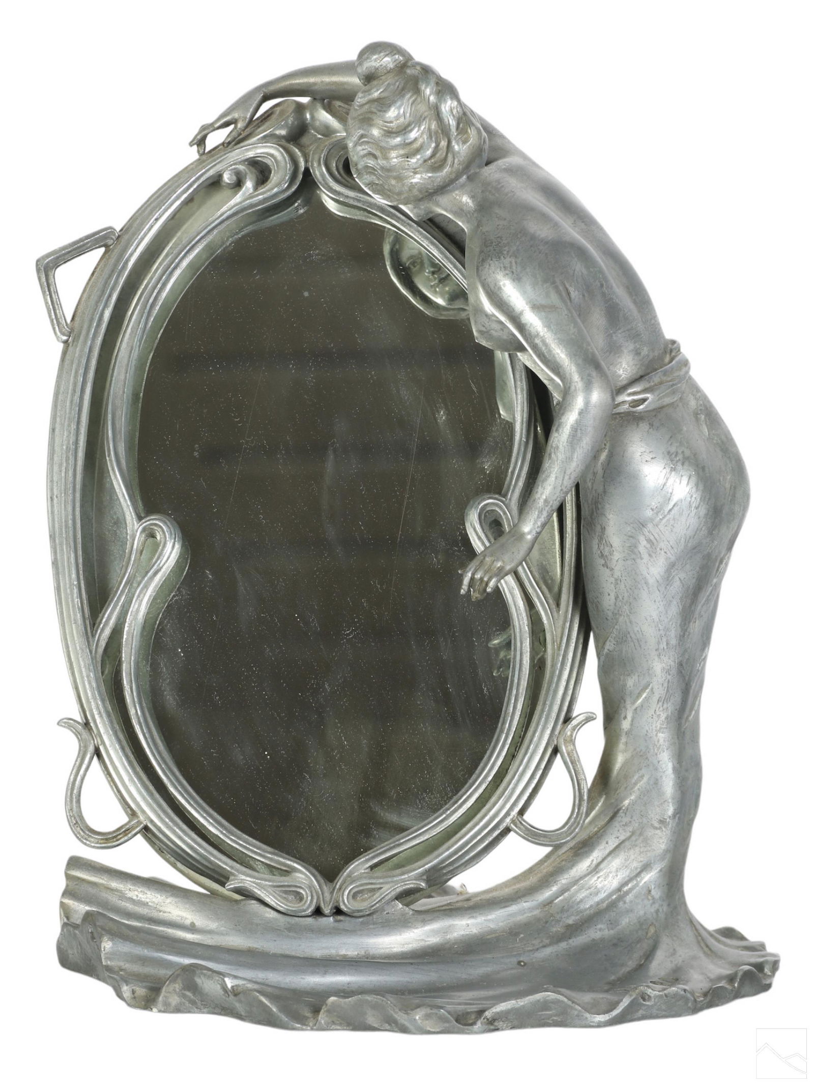 Henri Desire Grisard Art Nouveau Nude Table Mirror: Henri Desire Grisard (French, fl. 19th and 20th Century). A cast metal vanity table mirror. A figural work, having frame modeled with an elegant female figure gazing into the oval mirror, with foliate