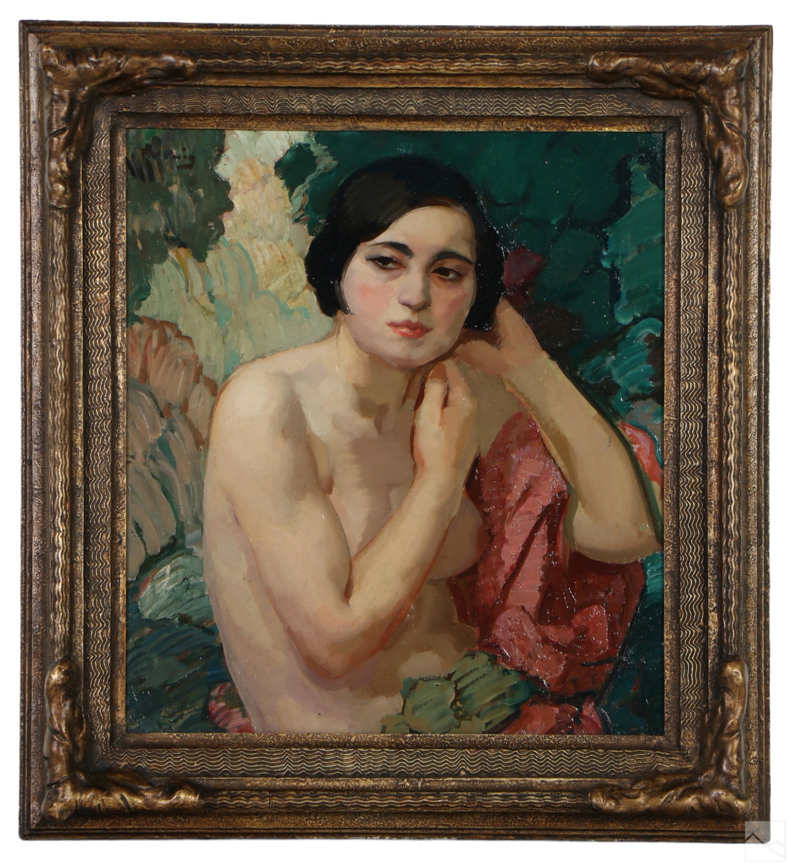 Vicente Puig 1882-1965 Figural Nude Oil Painting: Vicente Puig (Argentinian,1882-1965). An original oil painting on board. A figural work depicting a nude female figure surrounded by shapes and forms. Artist signature to upper left. Presented in an o